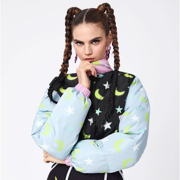 Star Moon Color-block Cropped Puffer Jacket Coat - Picture 7 of 11